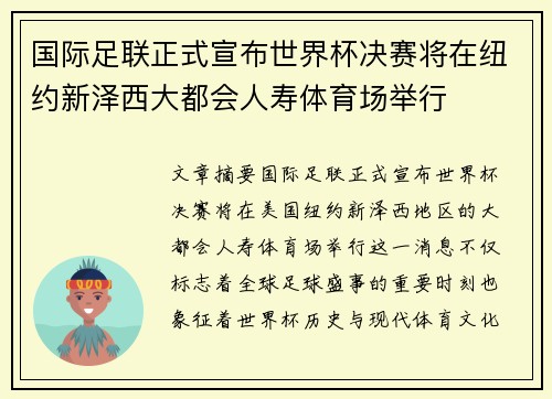 国际足联正式宣布世界杯决赛将在纽约新泽西大都会人寿体育场举行