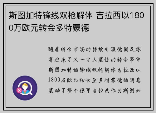 斯图加特锋线双枪解体 吉拉西以1800万欧元转会多特蒙德