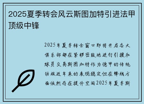 2025夏季转会风云斯图加特引进法甲顶级中锋